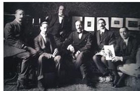 Futurist artists in 1913; from left - Decio Cinti, Luigi Russolo, Armando Mazza, Filippo Tommaso Marinetti, Paolo Buzzi, and Umberto Boccioni