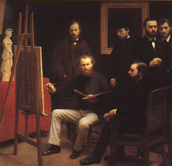 Manet and his contemporaries as depicted by Henri Fantin-Latour in the painting: A Studio in the Batignolles (1870)